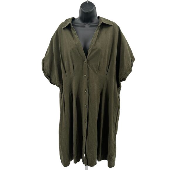 H&M Linen Blend Shirt Dress XXL Dark Khaki Green Button Up Cuffed Short Sleeve - Picture 1 of 8